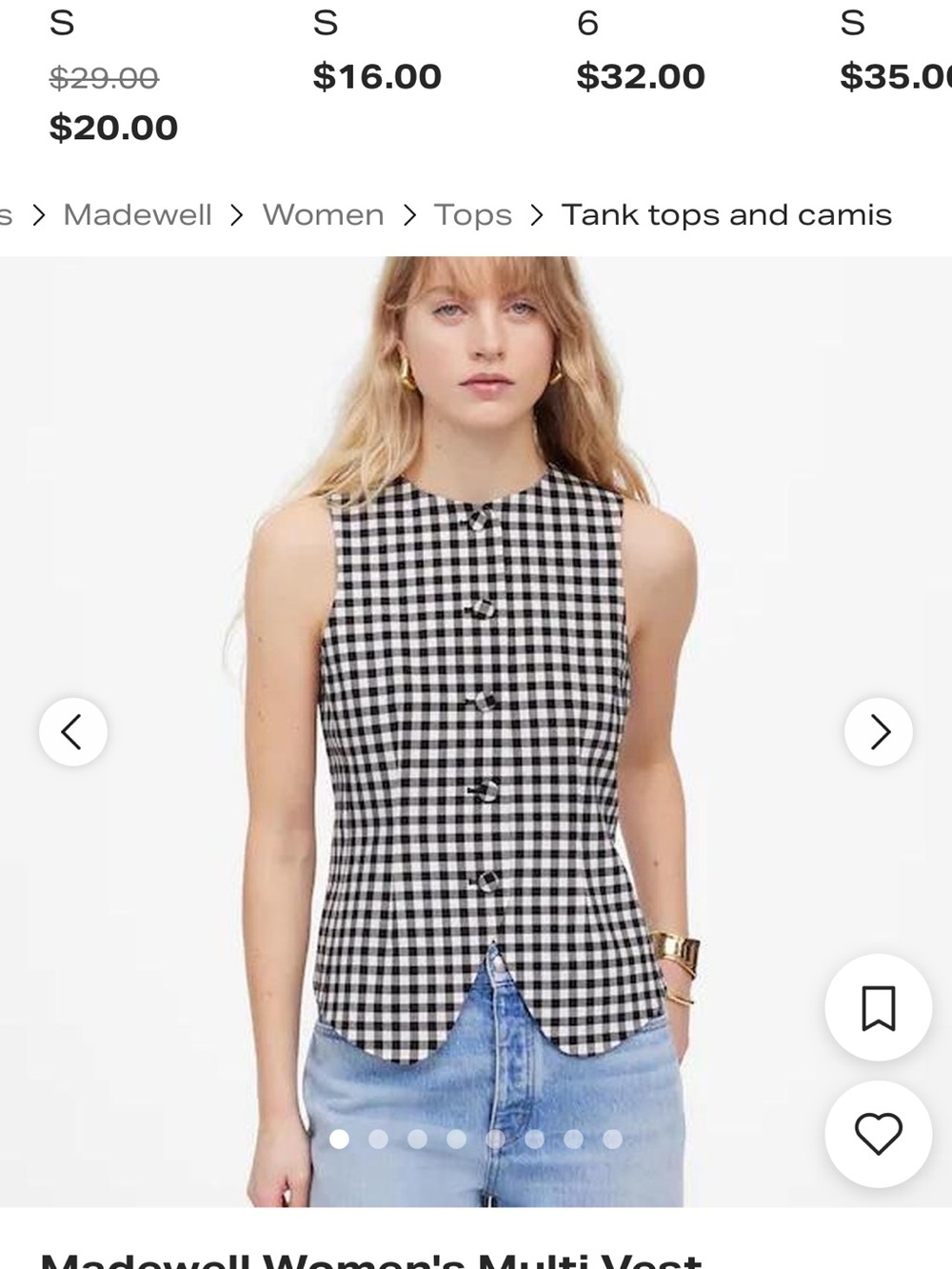 Madewell Black & White Gingham Button-Front Camisole